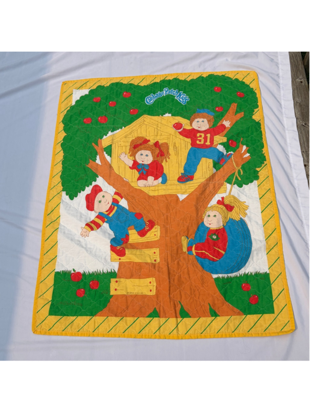 Vintage Cabbage Patch Kids Quilt Blanket Yellow Green 43” x 34” 1984 Treehouse